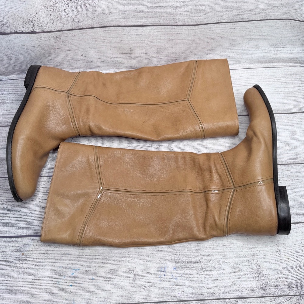 Via Spiga Womens Tan Leather Tall Pull On Flat Boots Size 9.5 M Italian Design